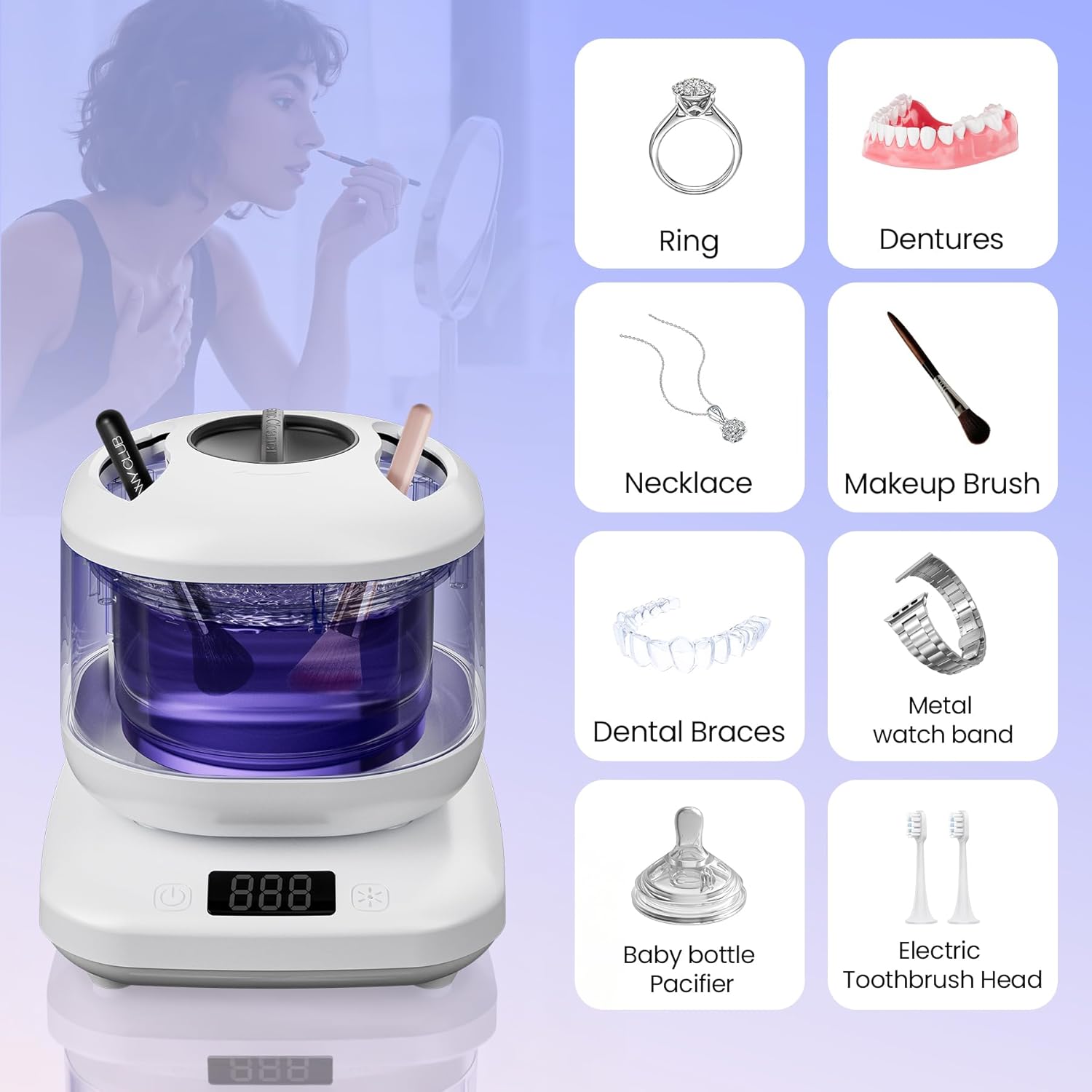 Ultrasonic Jewelry & Makeup Tool Cleaner, Retainer Cleaner,40000-42000Hz U-V Dual-Action, 4 Modes, 45dB Quiet, SUS304 DetachableTank, IPX7 Waterproof with Cleaning Kit for Rings, Watches, Brushes