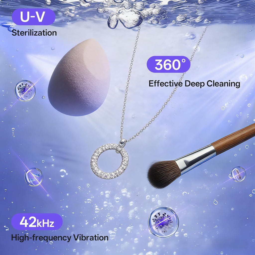 Ultrasonic Jewelry & Makeup Tool Cleaner, Retainer Cleaner,40000-42000Hz U-V Dual-Action, 4 Modes, 45dB Quiet, SUS304 DetachableTank, IPX7 Waterproof with Cleaning Kit for Rings, Watches, Brushes