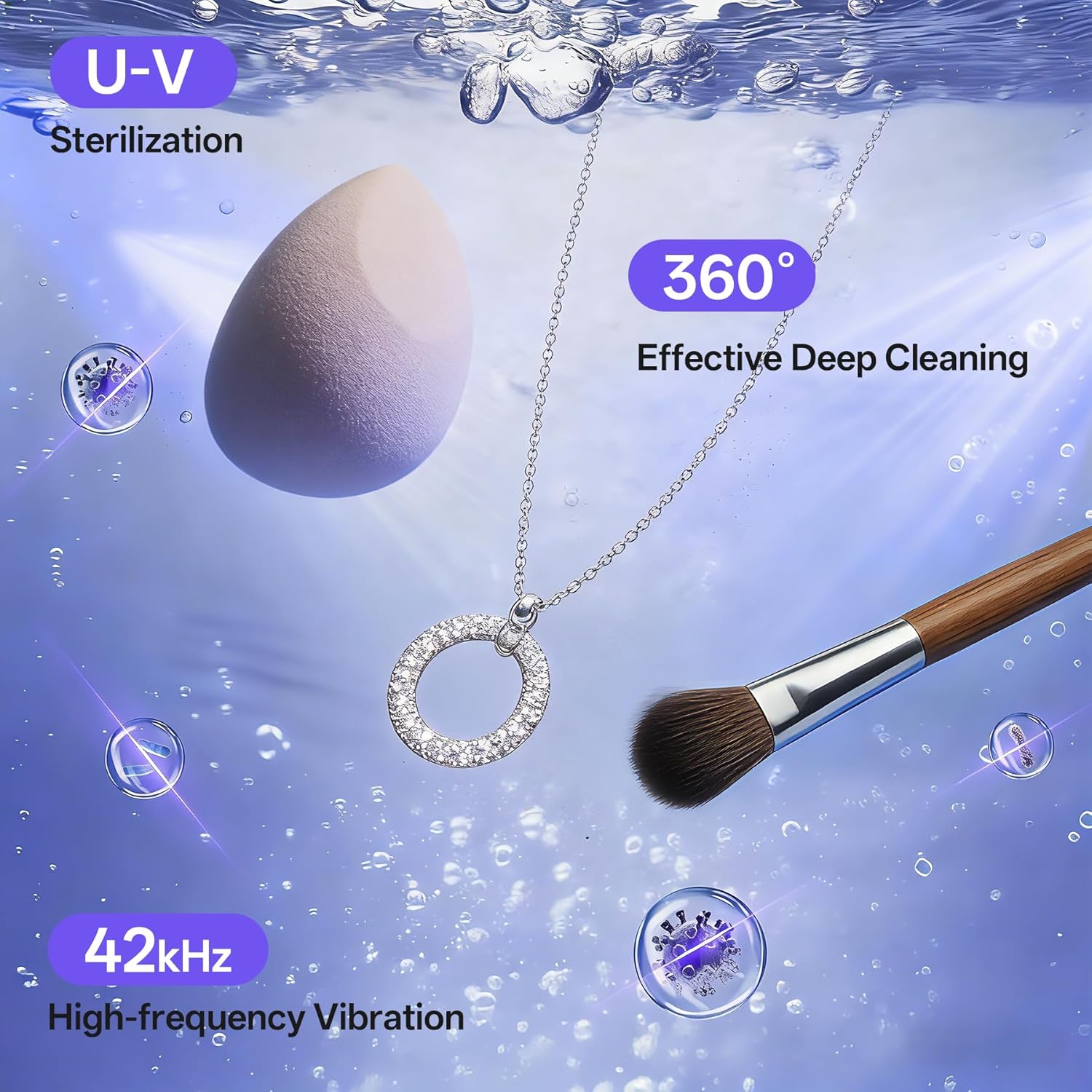 Ultrasonic Jewelry & Makeup Tool Cleaner, Retainer Cleaner,40000-42000Hz U-V Dual-Action, 4 Modes, 45dB Quiet, SUS304 DetachableTank, IPX7 Waterproof with Cleaning Kit for Rings, Watches, Brushes