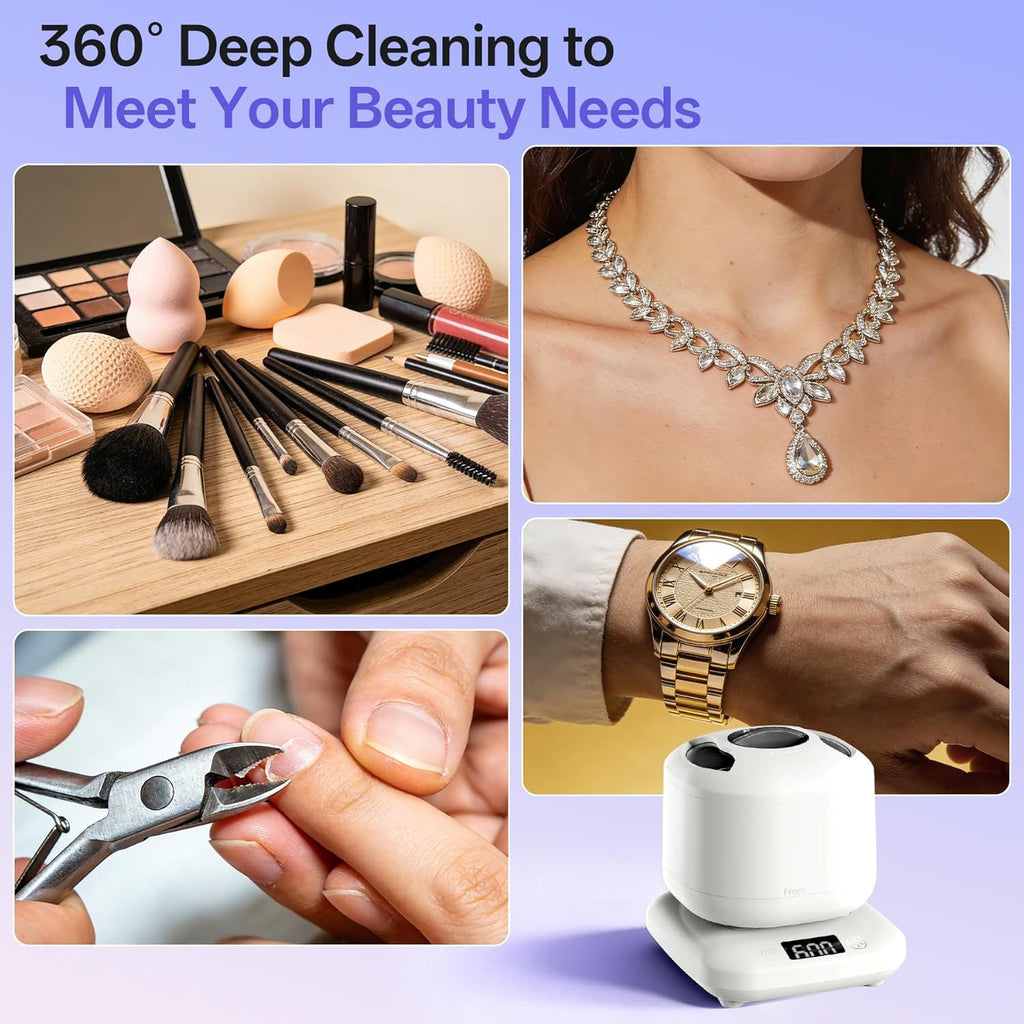 Ultrasonic Jewelry & Makeup Tool Cleaner, Retainer Cleaner,40000-42000Hz U-V Dual-Action, 4 Modes, 45dB Quiet, SUS304 DetachableTank, IPX7 Waterproof with Cleaning Kit for Rings, Watches, Brushes
